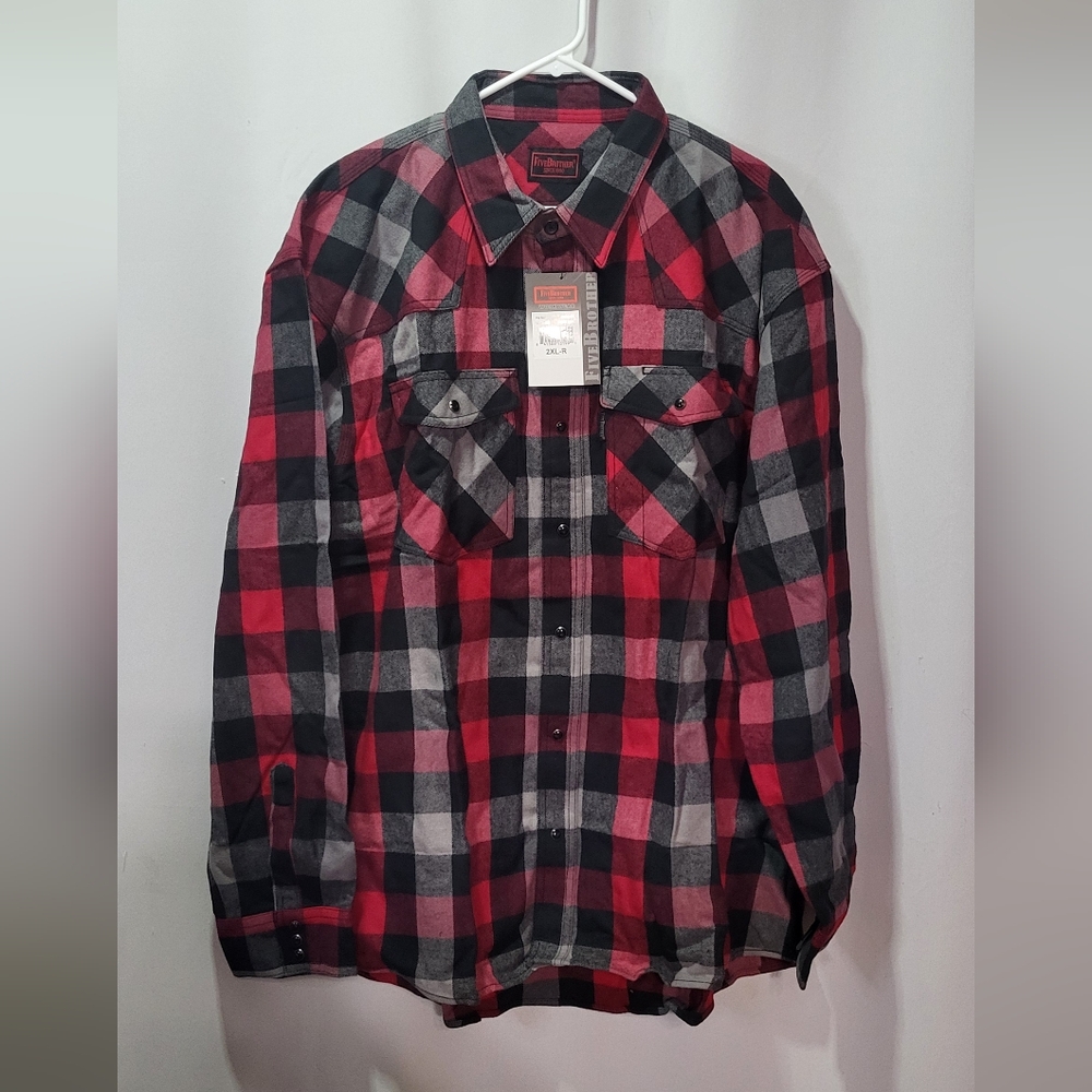 FiveBrother Men's NWT Red Plaid Western Snap Button Flannel Size 2XL Regular - Picture 2 of 8